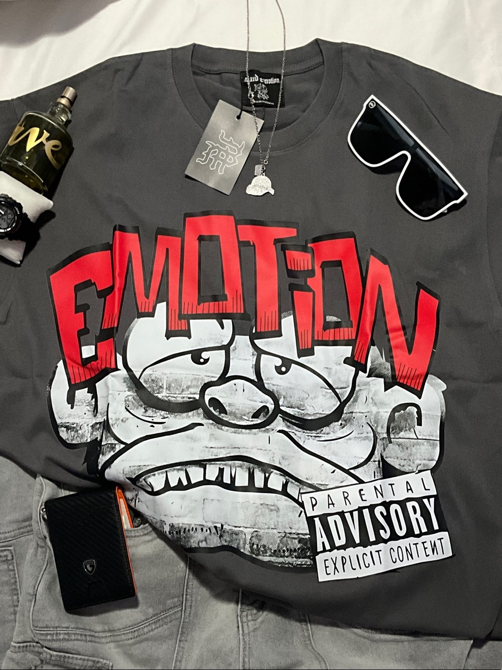 EMOTION Graphic Tee - Dark Gray with Red Print